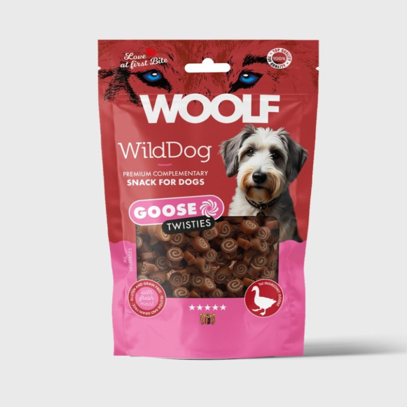 4023 - WOOLF WILDDOG GOOSE & COD TWISTIES 100gr - Pet shop Tropikos on line - Woolf