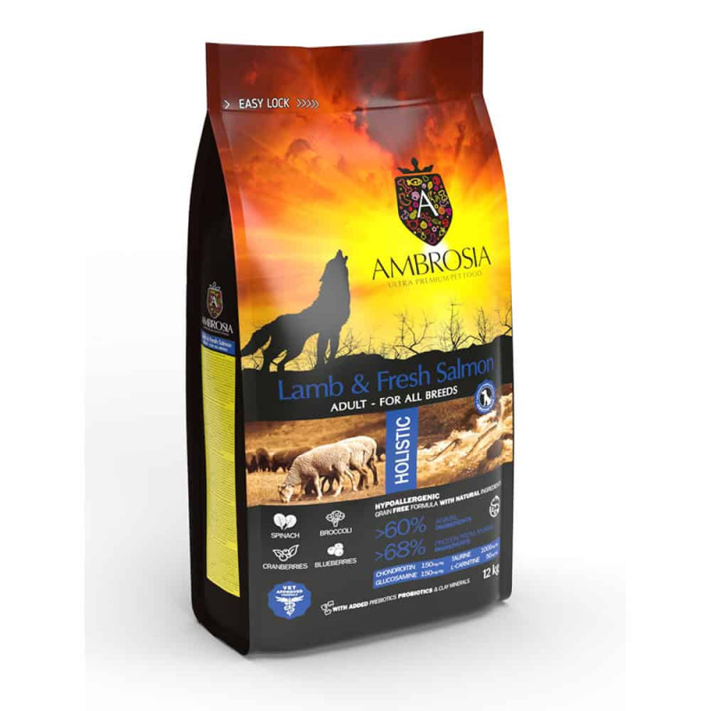 AM25047 - AMBROSIA DOG ADULT LAMB & SALMON GRAIN FREE 12kg - Pet shop Tropikos on line - Ambrosia