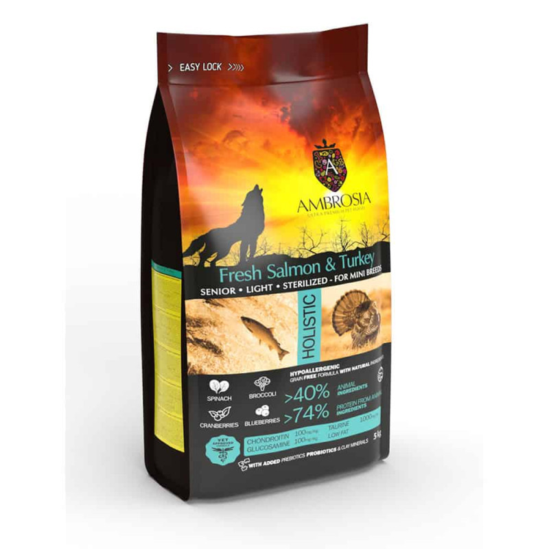 AM25064 - AMBROSIA DOG ADULT MINI SENIOR LIGHT STERILIZED FRESH SALMON & TURKEY 5kg GRAIN FREE - Pet shop Tropikos on line - Ambrosia